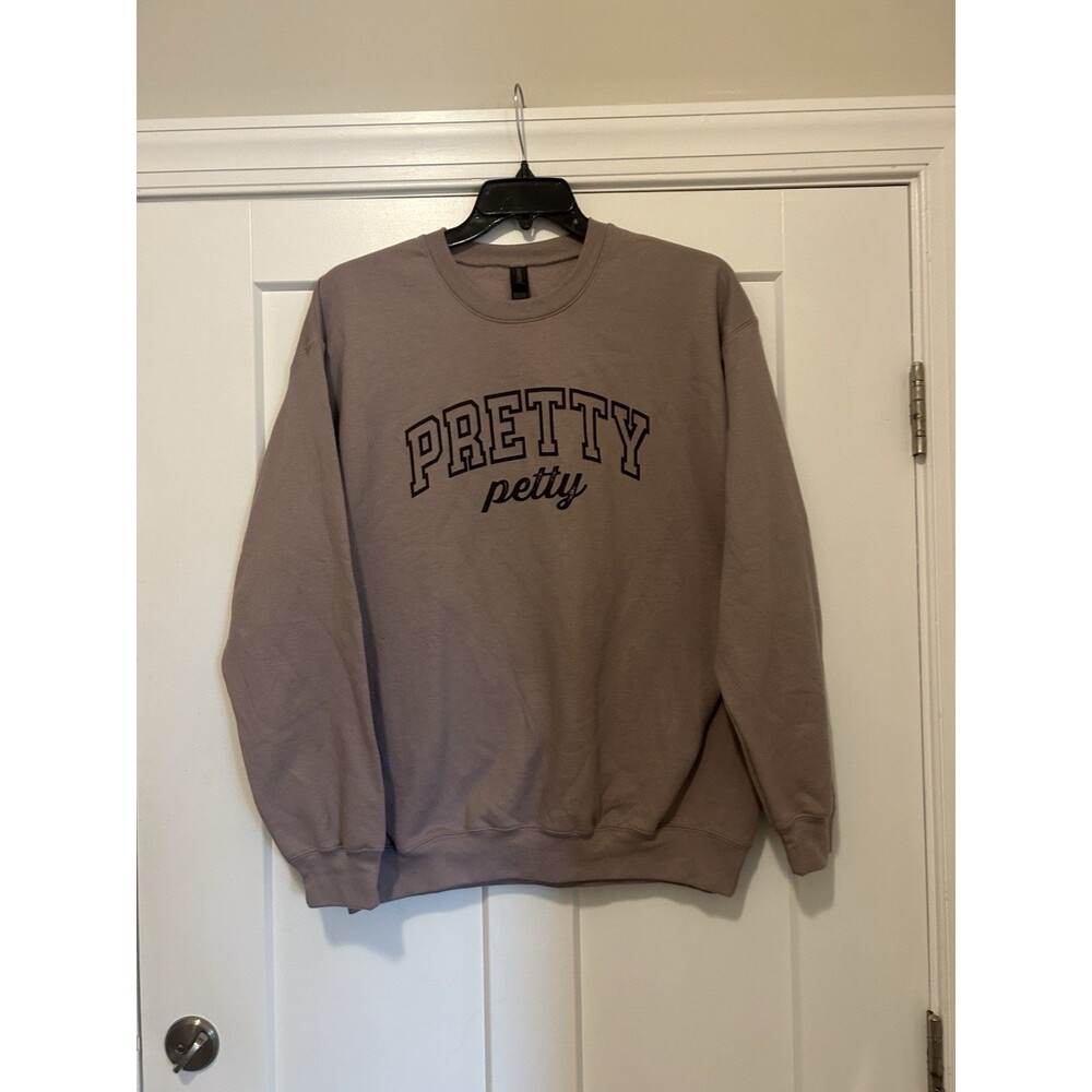 Pretty Petty Front Print Gray Purple Women's Graphic Sweatshirt SIZE LARGE